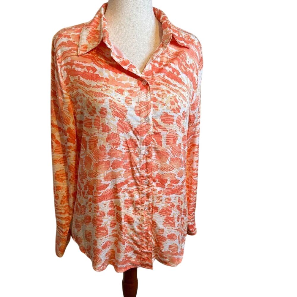 Chico's blouse orange and white patterned long sleeve button up shirt Sz 2 US L